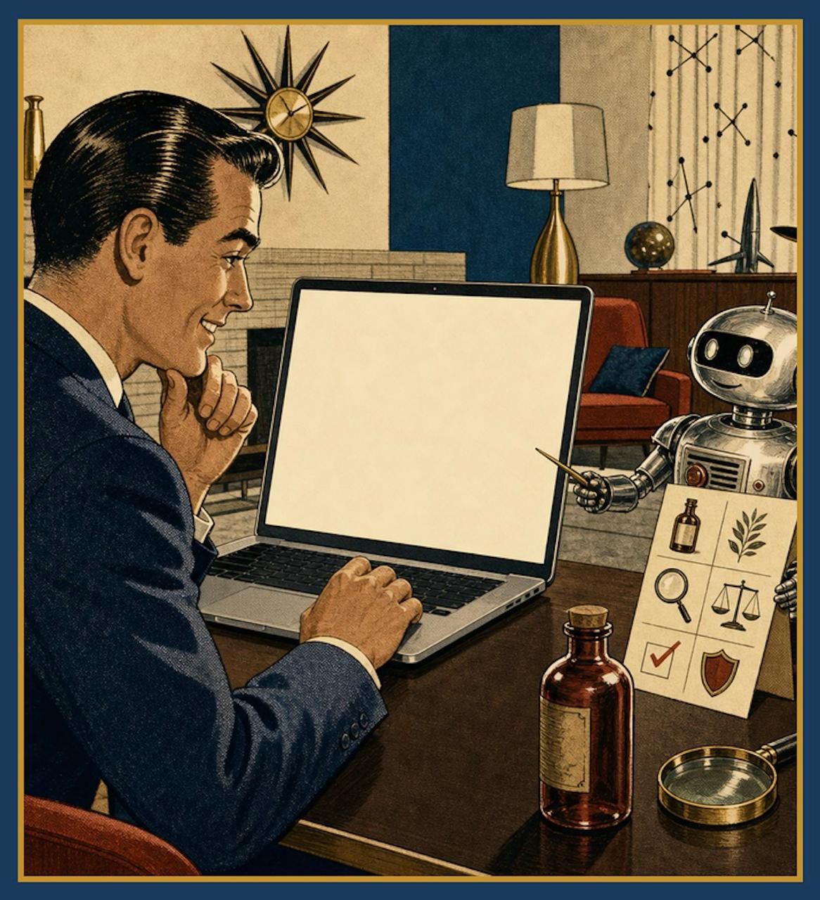 Vintage-style illustration of a robot shopper field unit inspecting a storefront