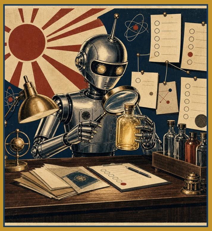 Vintage-style illustration of a deputy robot unit with clipboard, awaiting orders